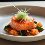 A close-up shot of an innovative K-food fusion dish on a minimalist, elegant plate in a high-end, softly lit restaurant. The dish could be a "Kimchi Risotto" or "Doenjang-dressed Salmon," showcasing vibrant colors and refined textures. Subtle hints of traditional Korean ingredients like kimchi or a jar of gochujang might be blurred in the background, emphasizing their global culinary impact. The overall atmosphere is sophisticated and artistic, like fine-dining gastronomy photography.