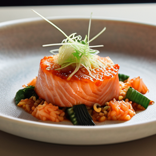 Home 4 A close-up shot of an innovative K-food fusion dish on a minimalist, elegant plate in a high-end, softly lit restaurant. The dish could be a "Kimchi Risotto" or "Doenjang-dressed Salmon," showcasing vibrant colors and refined textures. Subtle hints of traditional Korean ingredients like kimchi or a jar of gochujang might be blurred in the background, emphasizing their global culinary impact. The overall atmosphere is sophisticated and artistic, like fine-dining gastronomy photography.