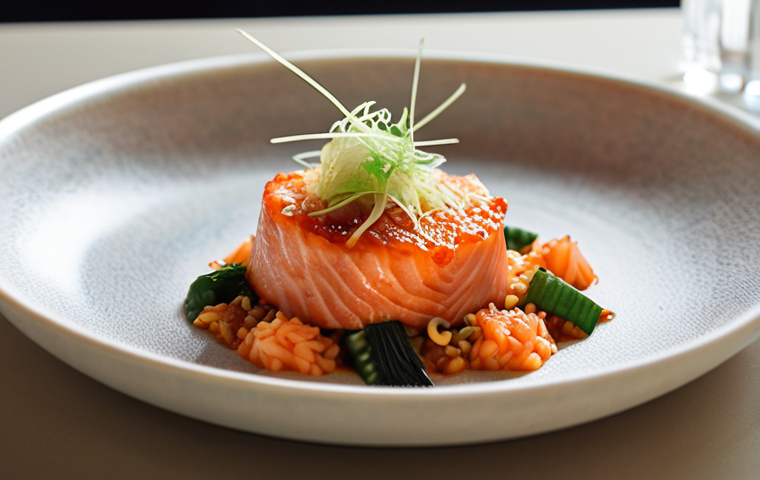 A close-up shot of an innovative K-food fusion dish on a minimalist, elegant plate in a high-end, softly lit restaurant. The dish could be a "Kimchi Risotto" or "Doenjang-dressed Salmon," showcasing vibrant colors and refined textures. Subtle hints of traditional Korean ingredients like kimchi or a jar of gochujang might be blurred in the background, emphasizing their global culinary impact. The overall atmosphere is sophisticated and artistic, like fine-dining gastronomy photography.
